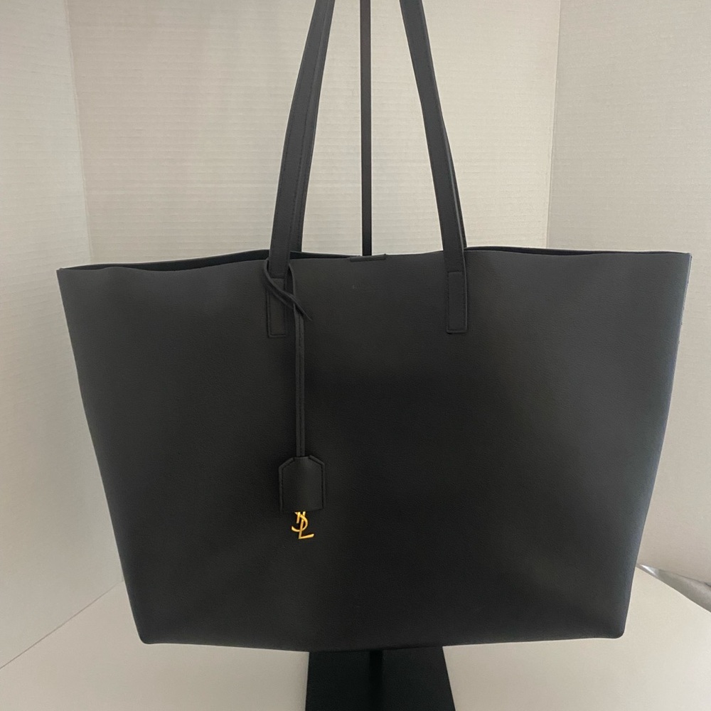 Yves Saint Laurent Black Leather Tote Bag with Gold YSL Charm